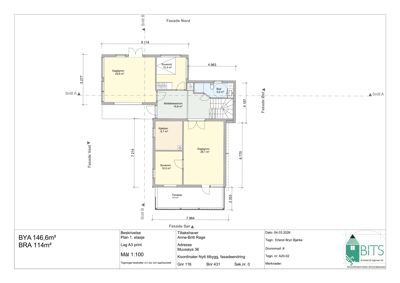 Etasjeplan (Plan 1. etasje) som viser romfordeling, mål og fasaderetninger.