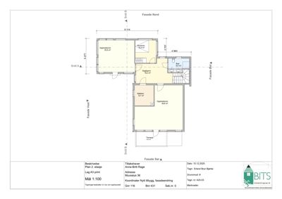 Etasjeplan (Plan 2. etasje) som viser romfordeling, arealer og fasaderetninger.