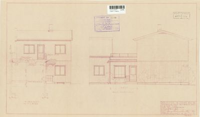 Fasadetegning av en bygning sett fra to ulike vinkler (for- og sidefasade).