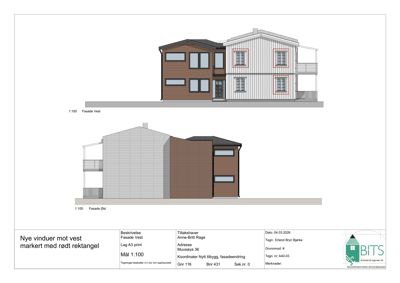 Fasade tegning som viser fronten av en bygning sett fra vest og øst.