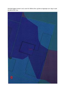 Kart som viser et oversiktskart over et område, sannsynligvis et kart over flomsoner eller risiko for oversvømmelse. Det viser fargelagte soner og bygningsspor.