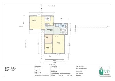 Etasjeplan (Plan 1. etasje) som viser romfordeling, mål og fasaderetning.