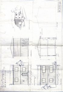 Fasadetegning som viser flere utsikter av en bygning, inkludert front, side og snitt.