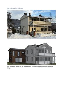 Bildet viser en eksisterende bygning i snø. Øverst er det et fotografi av huset, og nederst er det en 3D-visualisering (rendering) av samme bygning med en tilbygning. Begge delene er relevante for å illustrere fasaden.