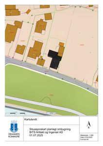 Situasjonskart som viser tomt, naboeiendommer, veier og planlagt ombygging.