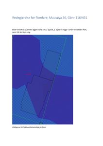 Kart eller utklipp som viser flomfare-soner (320_1 og 320_2) i forhold til eiendommen Muusøya 36.