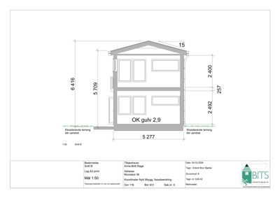 Snittegning (Snitt B) som viser bygningens høyde, etasjer og terrengforhold.