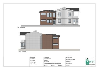 Fasadetegning som viser bygningens utseende fra vest og øst.