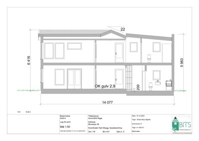 Snittegning (Snitt A) som viser tverrsnittet av en bygning med mål og romfordeling.