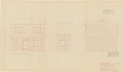 Fasadetegning som viser tre utsikter av en bygning: mot gårdsplass (nordside), mot nordvest og en tredje vinkel.