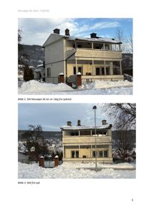 To fotografier av en bolig i Muusøya 36, tatt i snøvær. Bildene viser bygningen fra ulike vinkler (sydvest og syd).