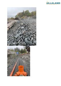 Fotografier fra et byggeplass eller anleggsområde som viser graving, steinmasser og installerte rørledninger.