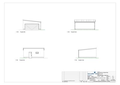 Fasadetegning som viser bygningens utseende fra fire sider (Øst, Nord, Sør, Vest).