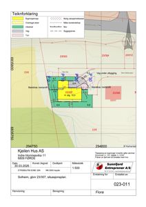 Situasjonsplan som viser bygningens plassering på tomta (23/307) i forhold til nabolag, vegger og grunnlinjer.