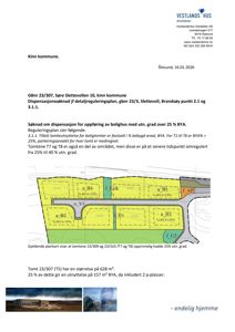 Situasjonsplan som viser tomtfordeling, arealbruk (BYA), parkeringsareal og reguleringsgrenser for Sørø Slettevollen 10.