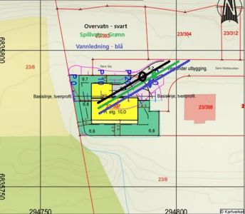 Situasjonsplan som viser tomtens beliggenhet, grunnvannsnivå (Overvatn), vannledninger, og plassering av bygninger i forhold til nabolag.