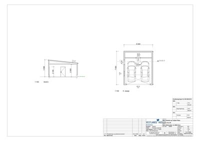 Snittegning (Snitt A) som viser tverrsnittet av en garasje med to bilplasser, inkludert mål og konstruksjonsdetaljer.
