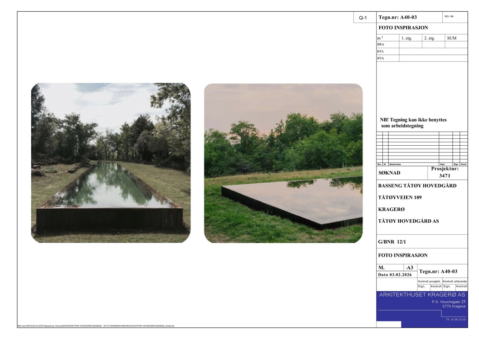Fotografier av en bassengkonstruksjon i graving, inkludert et oppriss av bassenget sett fra siden.