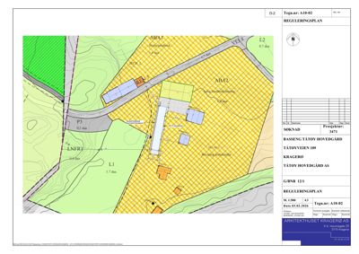 Situasjonsplan (Reguleringsplan) som viser tomtens grenser, bebyggelse, veier og arealbruk.