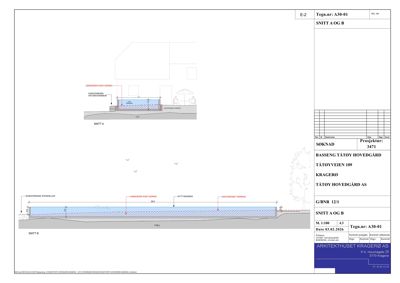 Snittegning (SNITT A OG B) som viser tværsnittet av en bassengkonstruksjon med eksisterende og nytt elementer.
