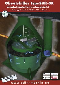 3D-visualisering av en oljeutskiller (type SUK-SR) med innvendig oppbygning og flytskjema.