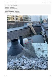 Fotografi av en byggeplass med graving, en grøft, en bil og en bygning i bakgrunnen.