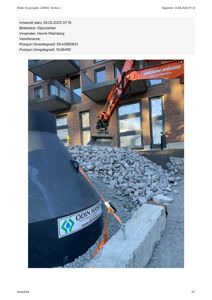 Fotografi av en byggeplass med en grøft, en grøftmaskin og en bygning i bakgrunnen.