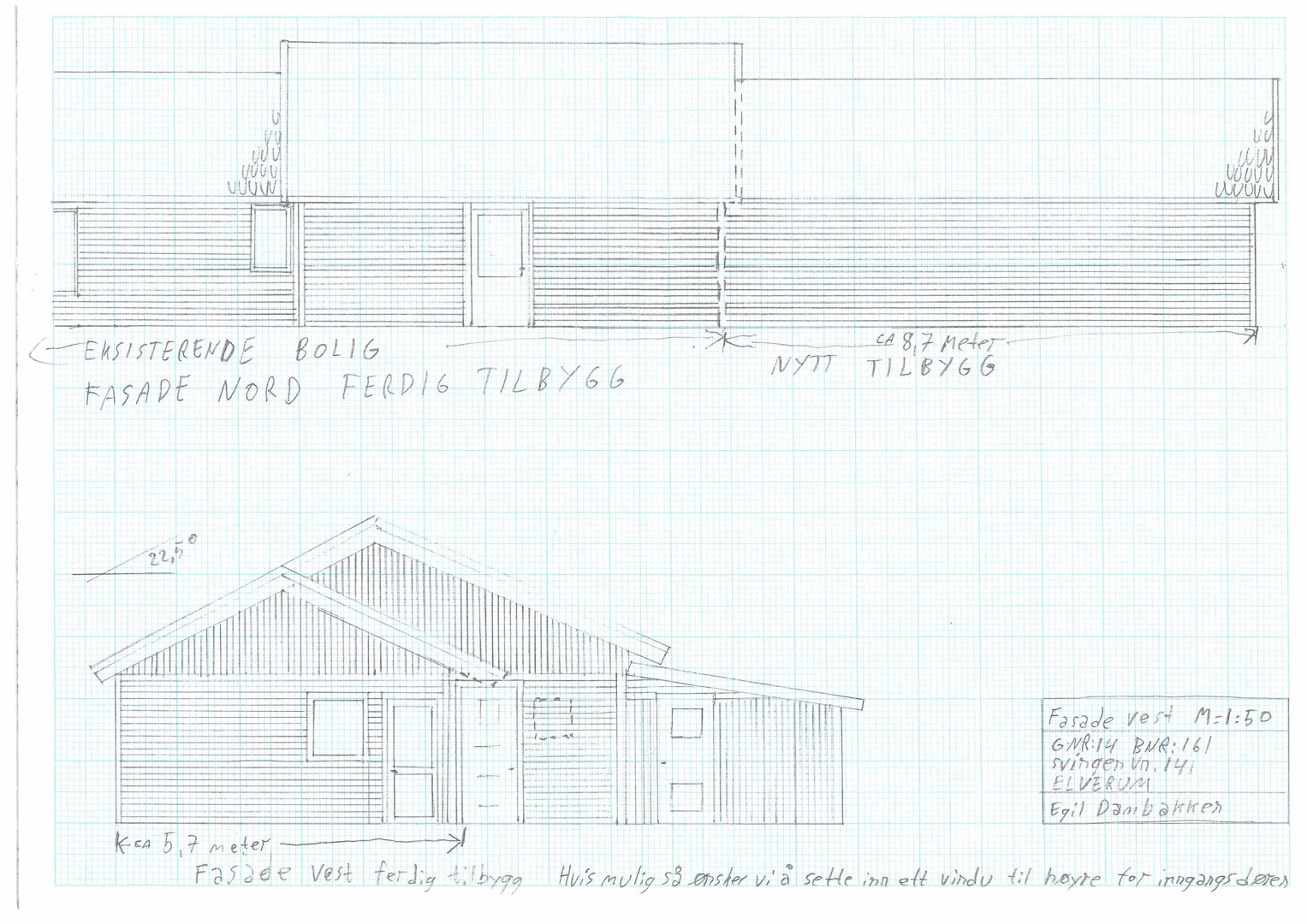 Fasadetegning som viser eksisterende og nytt tilbygg sett fra nord og vest.