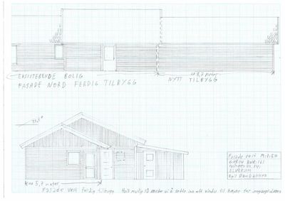 Fasadetegning som viser eksisterende og nytt tilbygg sett fra nord og vest.