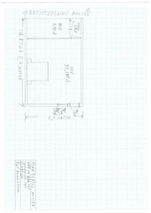 Håndskrevet etasjeplan (plan til bygg) som viser romfordeling (BOD, SOV, GAN), arealer og dimensjoner for en bolig.