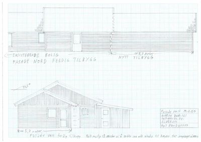 Håndtegnet fasadetegning som viser eksisterende og nytt tilbygg sett fra nord og vest.