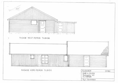 Tegning som viser fasadeoppsettet for en bygning, med to utsnitt (vest og nord) og detaljer om vinduer, dører og takform.