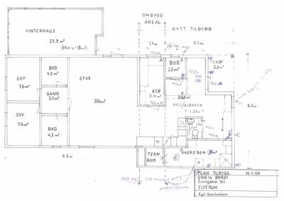Etasjeplan (plan tilbygg) som viser romfordeling, arealer og dimensjoner for en bolig.
