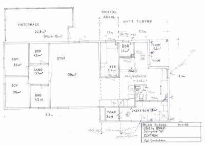 Etasjeplan (plan tilbygg) som viser romfordeling, arealer og dimensjoner for et hus.