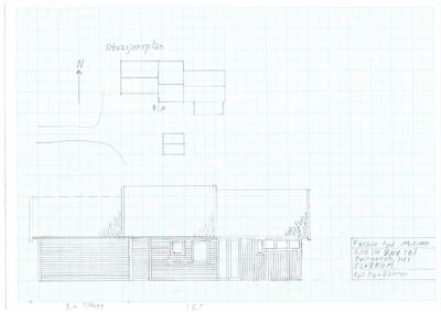 En håndtegnet fasadetegning (Fasade Syd) med en situasjonsplan øverst.