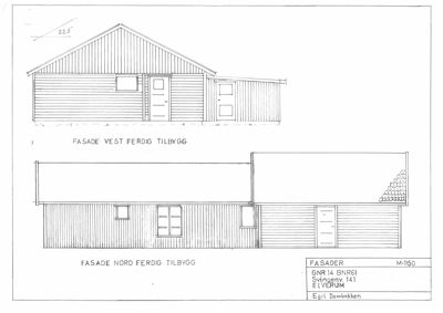 Tegning som viser fasadeopprikk for en bygning. Det er to utsnitt: 'FASADE VEST FERDIG TILBYGG' og 'FASADE NORD FERDIG TILBYGG'.