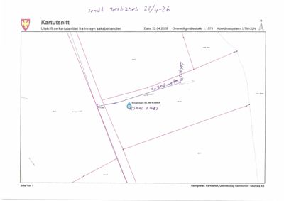 Kartutsnitt (situasjonskart) som viser eiendomsgrenser, areal og eiendomsnummer.