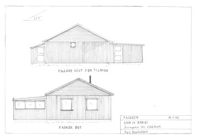 Tegning som viser fasadeopprikk for en bygning (vest og øst).