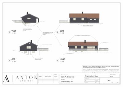 Fasadetegning som viser bygningens utsyn fra alle fire sider (Vest, Sør, Øst, Nord) med mål og notater om endringer.