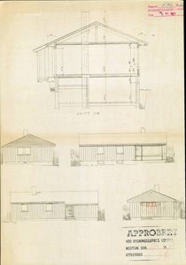 Tegning som viser snitt (Snitt 1/B) og fire ulike fasadeoppsett for en enebolig.