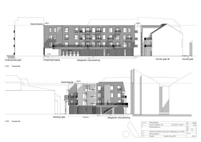 Bildet viser to fasadetegninger (Fasade Øst og Fasade Sør) av en bygning med detaljer om høyder og innganger.