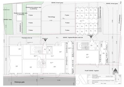 Etasjeplan (Plant 1. etasje) som viser romfordeling, innganger, trapper og p-plasser.