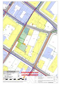 Situasjonskart som viser eiendomsgranser, naboeiendommer og infrastruktur for en byggesak.