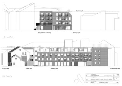 Bildet viser to fasadetekninger (Nord og Vest) av et planlagt bygg med gatene 'Webergs gate', 'Schultz gate' og 'Tordenskiolds gate' angitt.