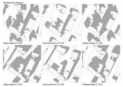 Situasjonsplaner som viser eksisterende bygninger og skyggekaster (solsolverv) på ulike tidspunkter.