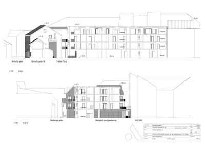 Snittegning (Snitt A og B) som viser bygningens tverrsnitt, høyder, romfordeling og konstruksjon.