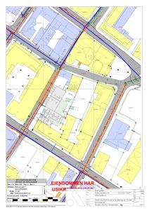 Situasjonskart som viser eiendomsgrenser, naboeiendommer og bygningers plassering i forhold til veier.
