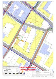 Situasjonskart som viser eiendomsgranser, naboeiendommer og bygningers plassering i forhold til hverandre.