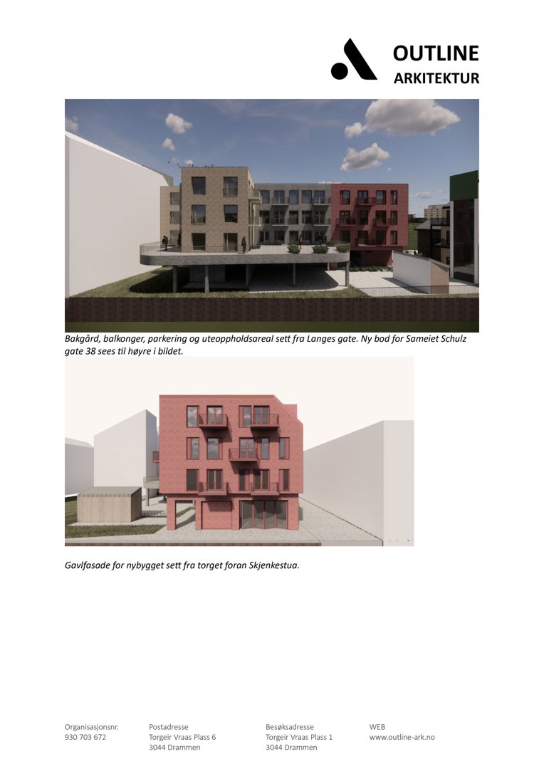 3D-visualiseringer (renderinger) av en planlagt bygning, inkludert bakgård og gavlfasade.