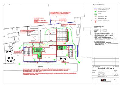 Etasjeplan med brannsikringstegninger, romfordeling og tekniske krav for brannmotstand.